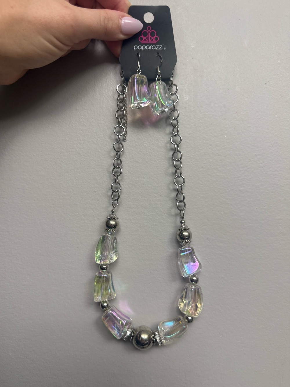 Paparazzi Iridescent Glass Bead Necklace and Earring Set - Silver